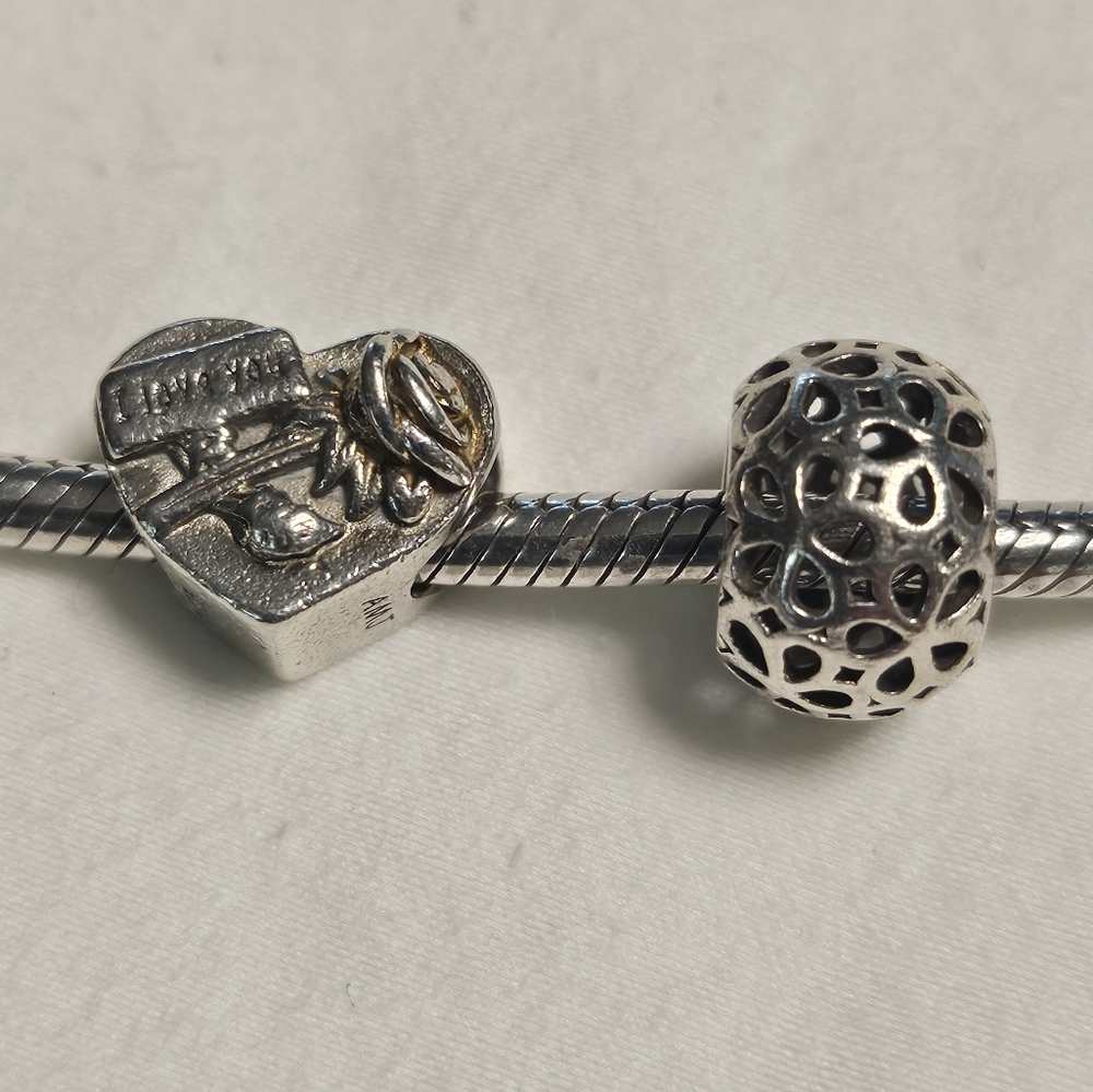 2 Sterling Silver Charms For Pandora I Love You Wife Heart Daisies Bead EUC